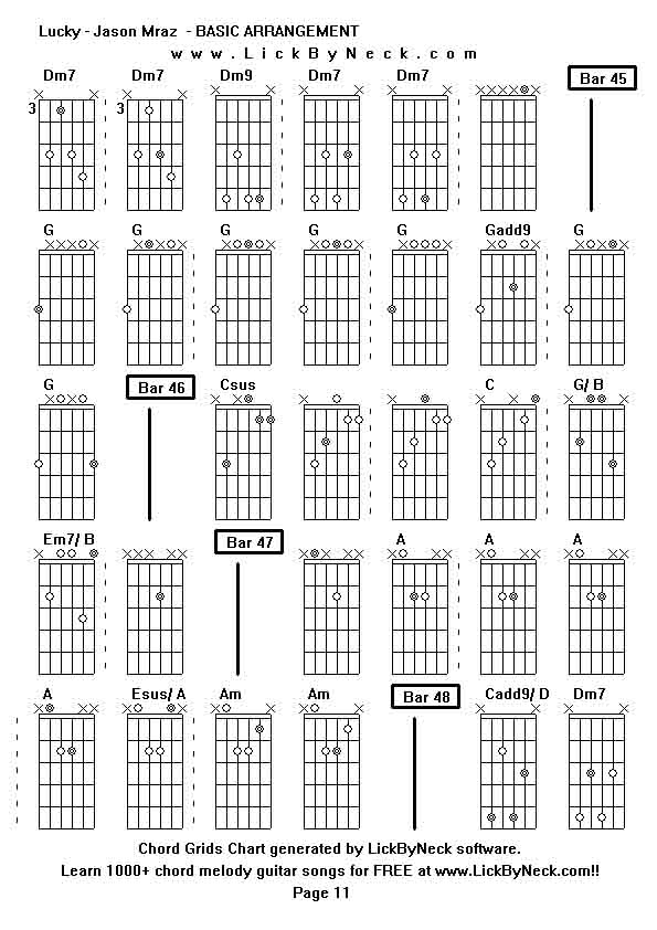 Chord Grids Chart of chord melody fingerstyle guitar song-Lucky - Jason Mraz  - BASIC ARRANGEMENT,generated by LickByNeck software.